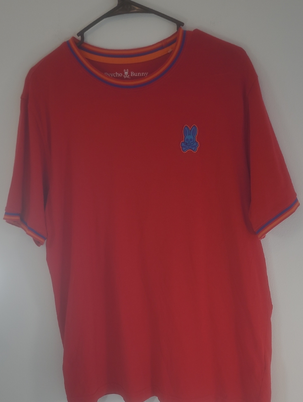 Psycho Bunny Woman's Size 6 Red Tee with Blue Logo and Orange Trim Ribbed Collar